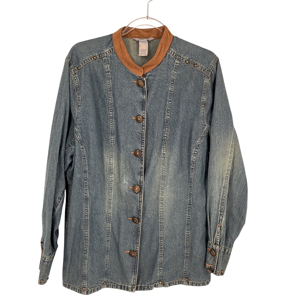 Stonebridge Womens Vin Style Denim Jacket 1X Blue Brown Collar Cowgirl Workwear